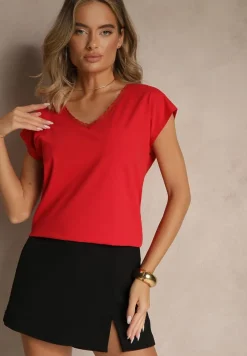 Czerwony T-shirt z Bawełny Ozdobiony Koronką Ralienne