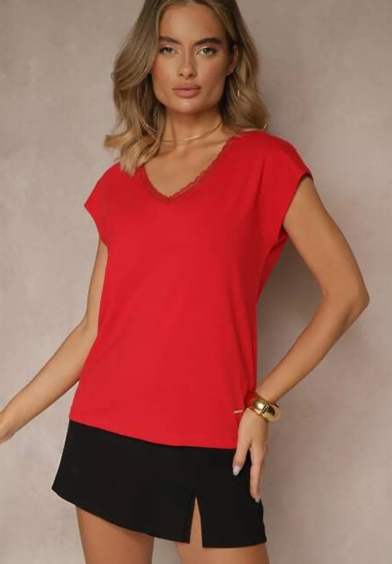 Czerwony T-shirt z Bawełny Ozdobiony Koronką Ralienne