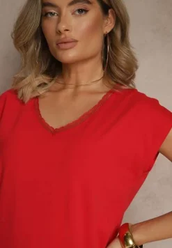 Czerwony T-shirt z Bawełny Ozdobiony Koronką Ralienne