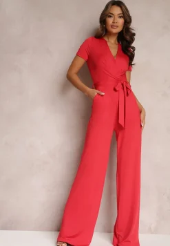 Czerwony Wiązany Kombinezon z Długimi Nogawkami i Kopertowym Dekoltem Adithia