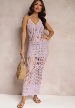 Fioletowa Ażurowa Sukienka z Odkrytymi Plecami Kinsle