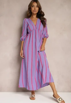 Fioletowa Bawełniana Sukienka w Paski o Rozkloszowanym Kroju Legelia