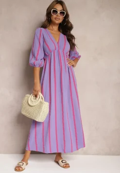 Fioletowa Bawełniana Sukienka w Paski o Rozkloszowanym Kroju Legelia