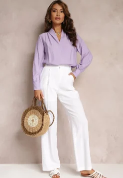 Fioletowa Bluzka z Bufiastymi Rękawami i Trójkątnym Dekoltem Hilko