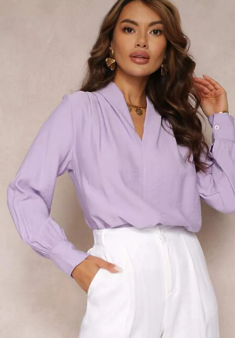 Fioletowa Bluzka z Bufiastymi Rękawami i Trójkątnym Dekoltem Hilko