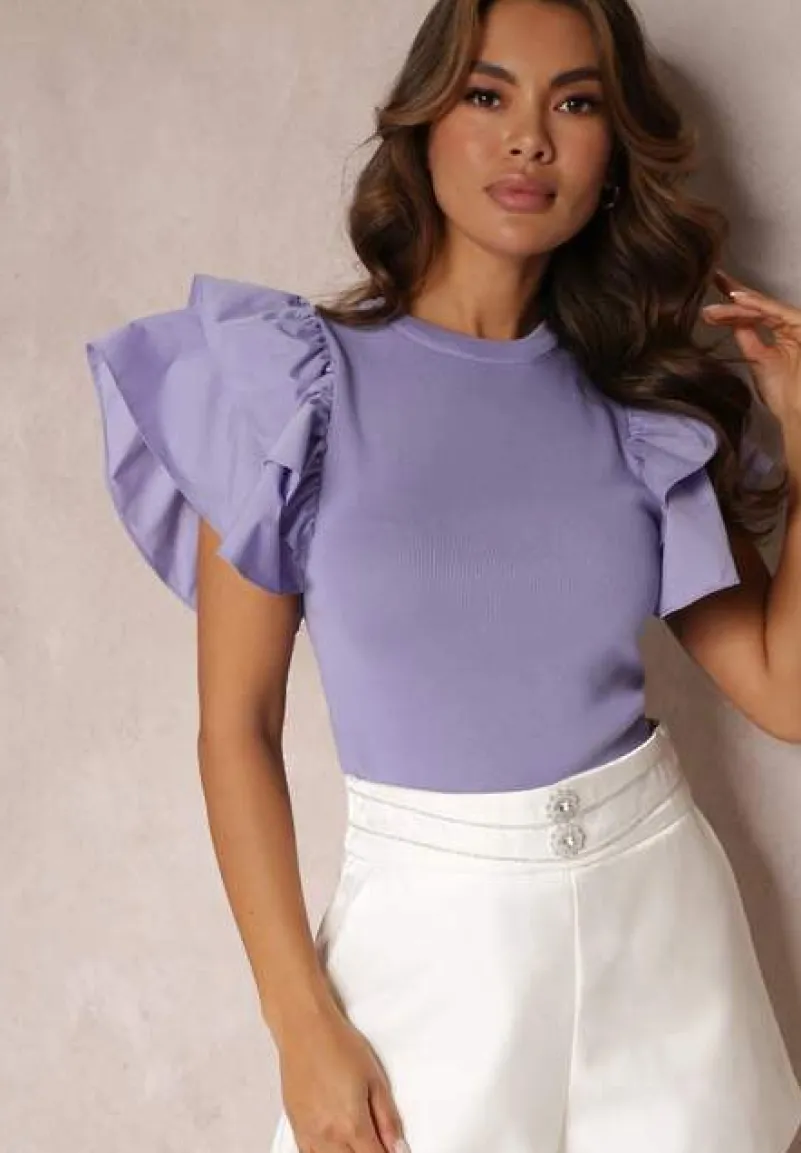 Fioletowa Bluzka z Falbankami i Prążkowanej Dzianiny Faetasia