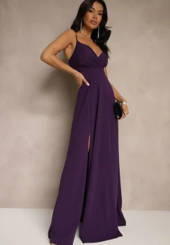 Fioletowa Elegancka Sukienka o Rozkloszowanym Kroju z Rozcięciem na Ramiączkach z Kopertowym Dekoltem Winelia