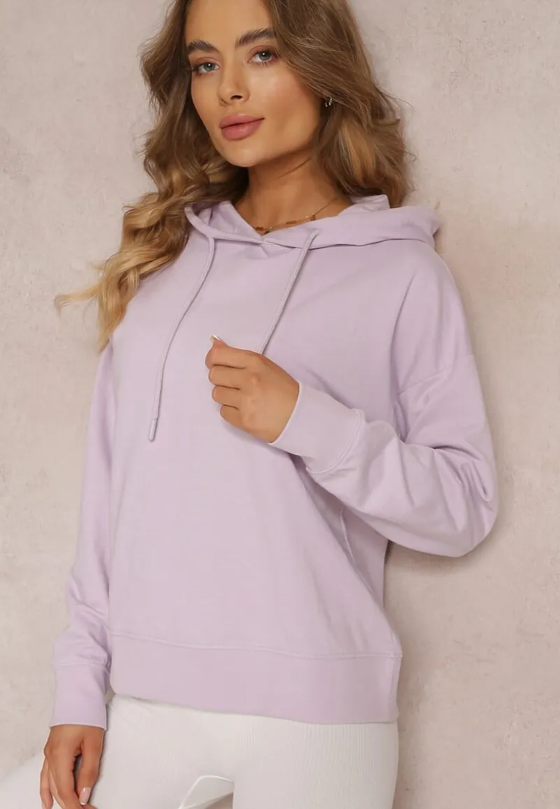 Fioletowa Gładka Bluza przez Głowę z Kapturem i Długimi Rękawami Eilee