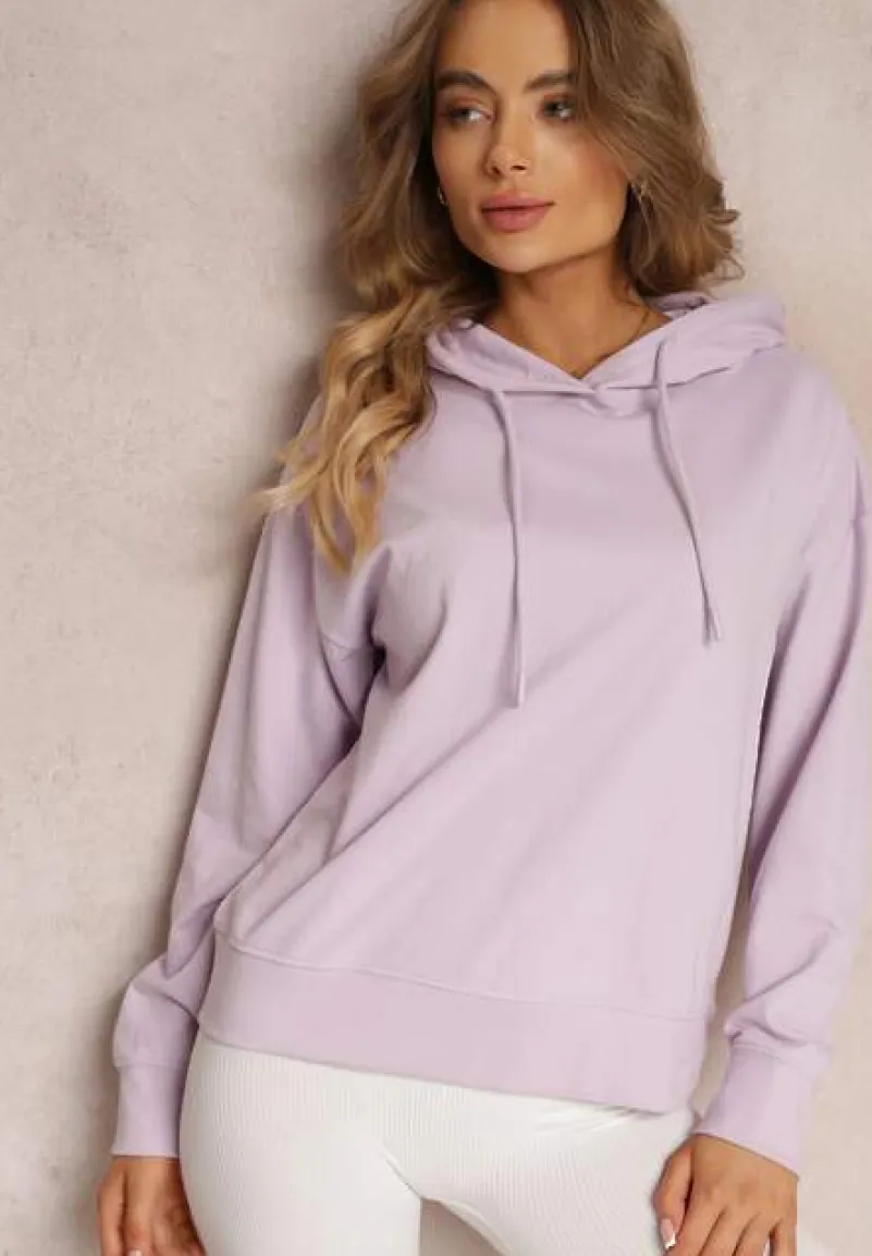 Fioletowa Gładka Bluza przez Głowę z Kapturem i Długimi Rękawami Eilee
