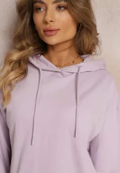 Fioletowa Gładka Bluza przez Głowę z Kapturem i Długimi Rękawami Eilee