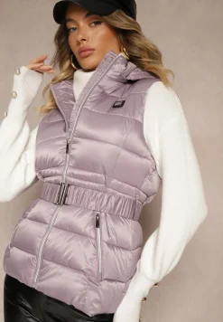Fioletowa Kamizelka z Odpinanym Kapturem Ozdobiona Pikowaniem i Paskiem z Marszczeniem Inathria