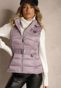 Fioletowa Kamizelka z Odpinanym Kapturem Ozdobiona Pikowaniem i Paskiem z Marszczeniem Inathria