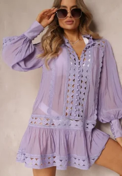 Fioletowa Koronkowa Tunika Pudełkowa z Falbaną Nawal