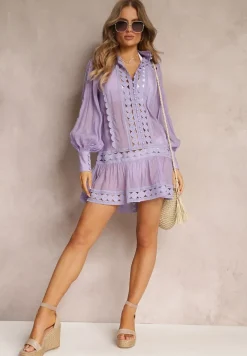 Fioletowa Koronkowa Tunika Pudełkowa z Falbaną Nawal