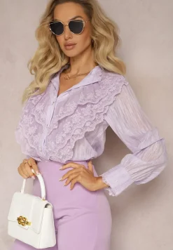 Fioletowa Koszula z Błyszczącą Nitką i Haftowanymi Wstawkami Daizee