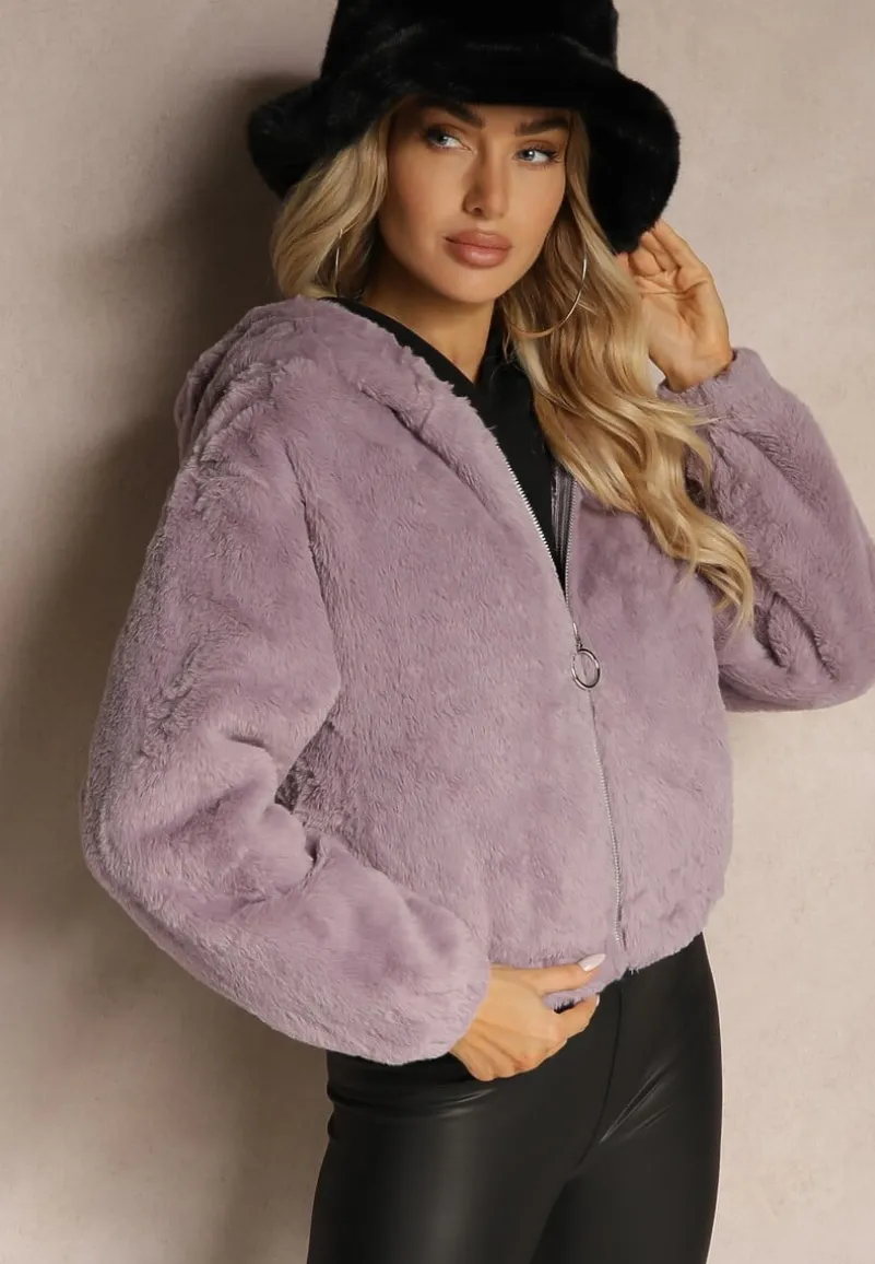 Fioletowa Kurtka Futrzana Rozpinana z Kapturem Kikilena