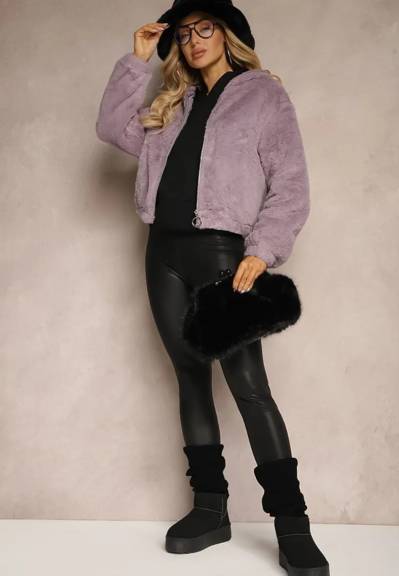 Fioletowa Kurtka Futrzana Rozpinana z Kapturem Kikilena
