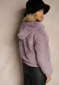 Fioletowa Kurtka Futrzana Rozpinana z Kapturem Kikilena