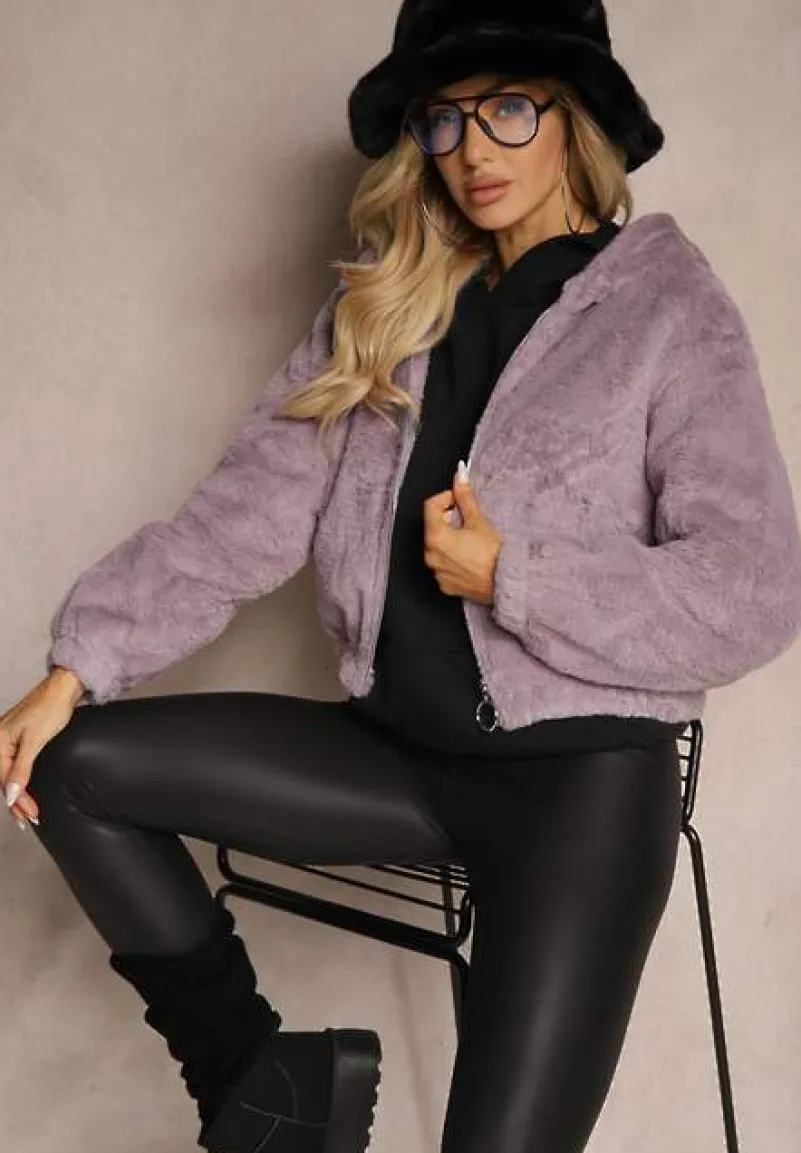 Fioletowa Kurtka Futrzana Rozpinana z Kapturem Kikilena