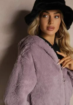 Fioletowa Kurtka Futrzana Rozpinana z Kapturem Kikilena