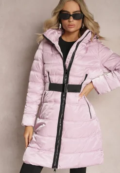 Fioletowa Kurtka Płaszcz z Poziomym Pikowaniem i Paskiem w Talii Nondra