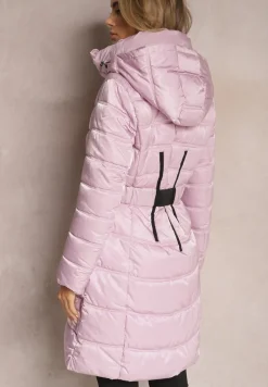 Fioletowa Kurtka Płaszcz z Poziomym Pikowaniem i Paskiem w Talii Nondra