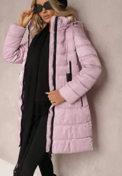 Fioletowa Kurtka Płaszcz z Poziomym Pikowaniem i Paskiem w Talii Nondra