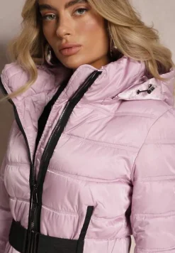 Fioletowa Kurtka Płaszcz z Poziomym Pikowaniem i Paskiem w Talii Nondra