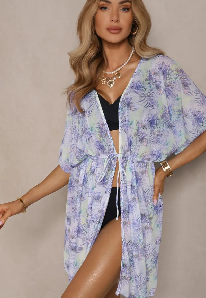 Fioletowa Narzutka Plażowa z Wiązaniem w Kwiatowy Wzór Mevelaura