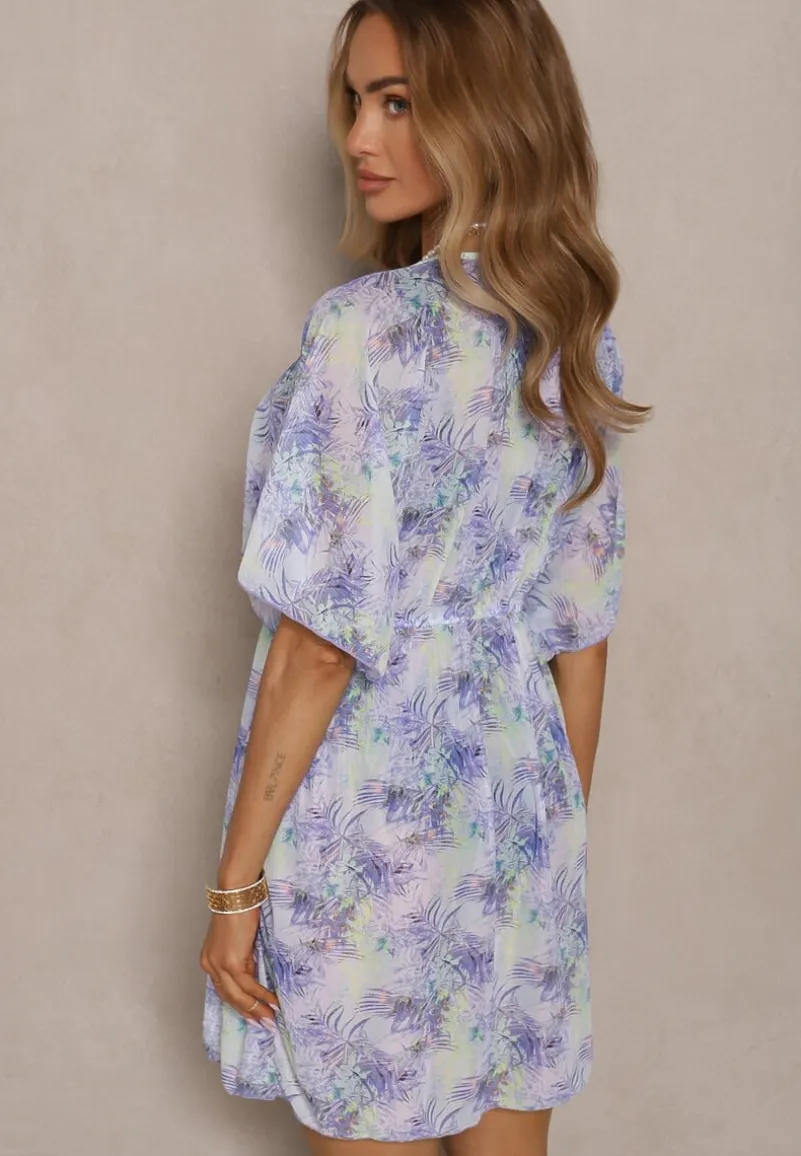 Fioletowa Narzutka Plażowa z Wiązaniem w Kwiatowy Wzór Mevelaura