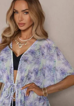 Fioletowa Narzutka Plażowa z Wiązaniem w Kwiatowy Wzór Mevelaura