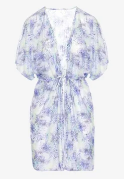 Fioletowa Narzutka Plażowa z Wiązaniem w Kwiatowy Wzór Mevelaura