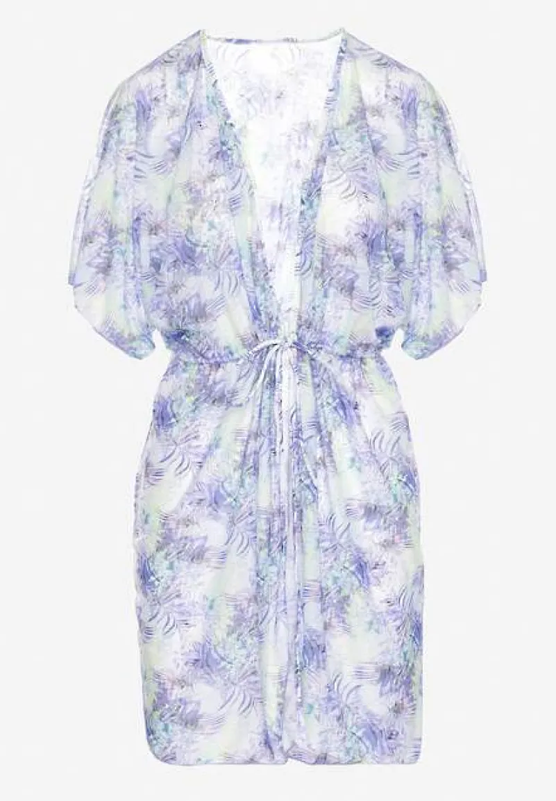 Fioletowa Narzutka Plażowa z Wiązaniem w Kwiatowy Wzór Mevelaura