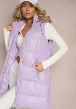 Fioletowa Pikowana Kamizelka z Ekoskóry i Kapturem Palermia