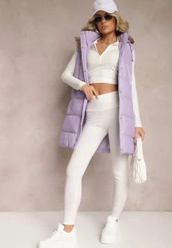 Fioletowa Pikowana Kamizelka z Ekoskóry i Kapturem Palermia