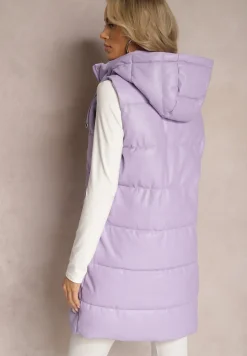Fioletowa Pikowana Kamizelka z Ekoskóry i Kapturem Palermia