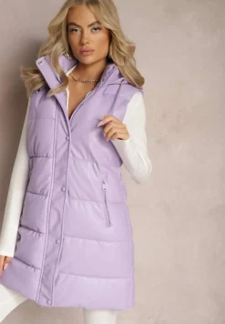 Fioletowa Pikowana Kamizelka z Ekoskóry i Kapturem Palermia