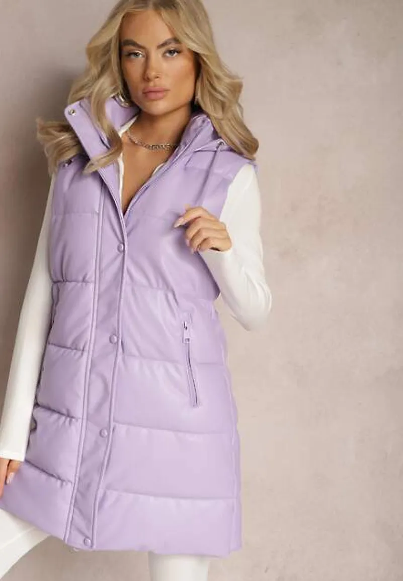 Fioletowa Pikowana Kamizelka z Ekoskóry i Kapturem Palermia