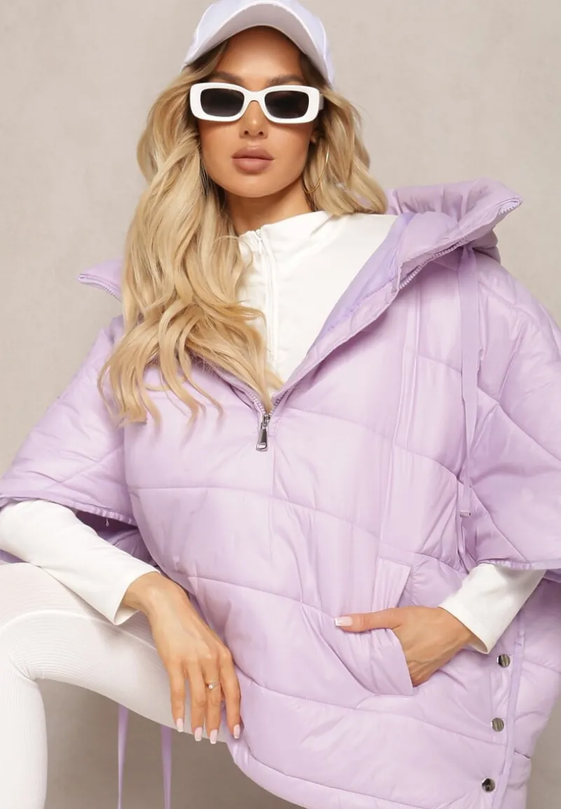 Fioletowa Pikowana Kurtka z Rękawem 3/4 oraz Kapturem Wkładana przez Głowę Arisoltta