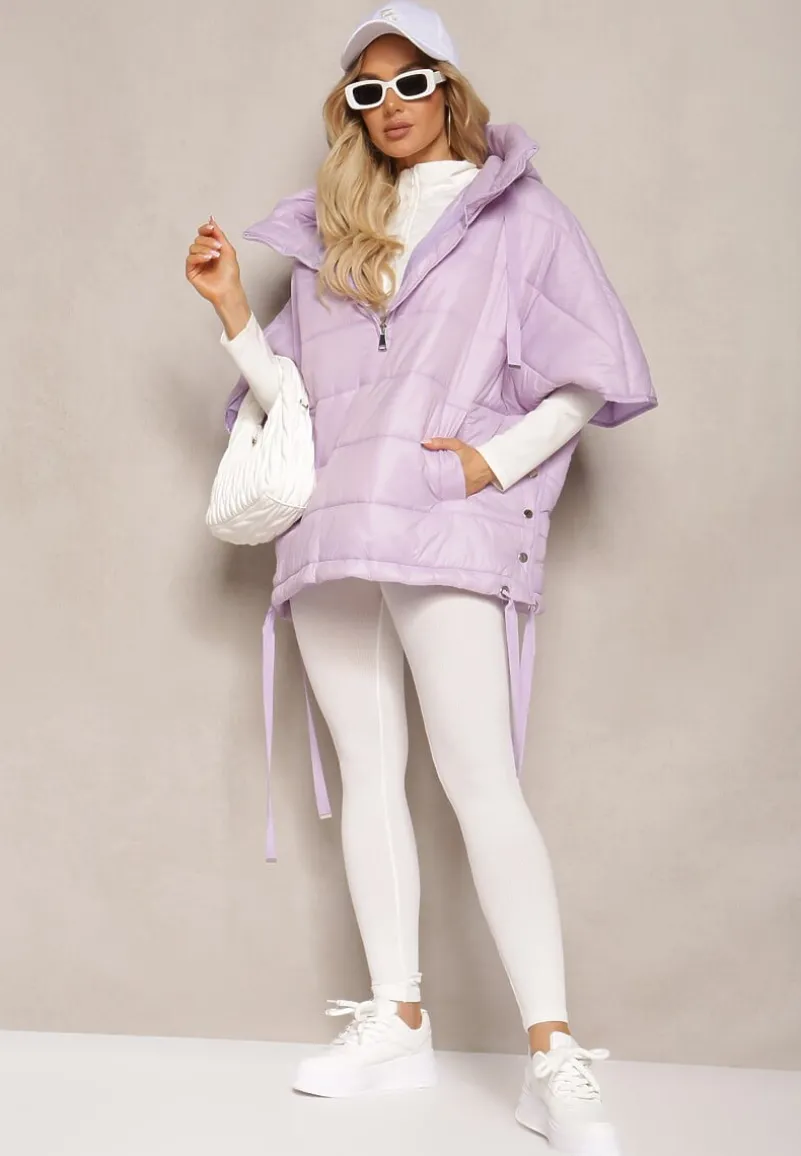 Fioletowa Pikowana Kurtka z Rękawem 3/4 oraz Kapturem Wkładana przez Głowę Arisoltta