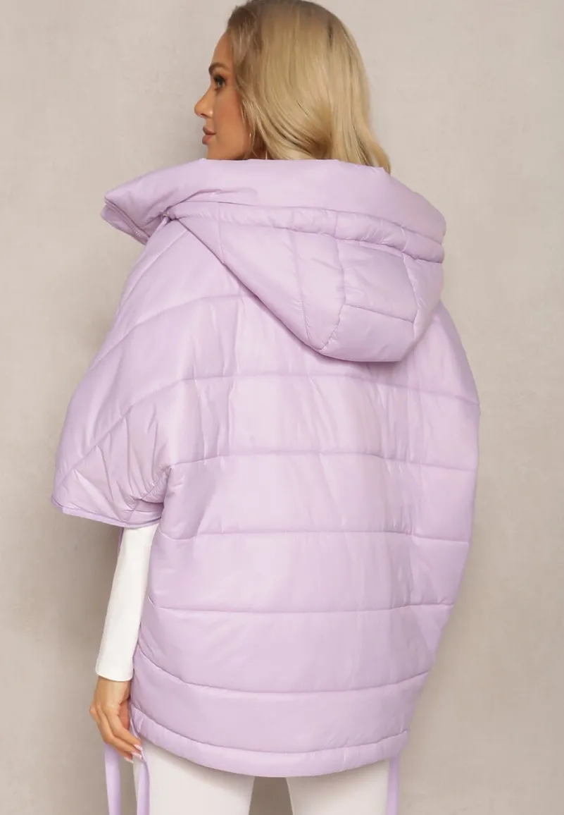 Fioletowa Pikowana Kurtka z Rękawem 3/4 oraz Kapturem Wkładana przez Głowę Arisoltta