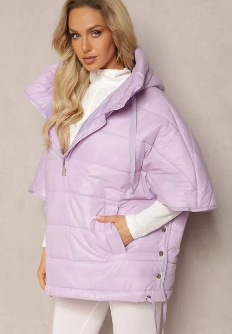 Fioletowa Pikowana Kurtka z Rękawem 3/4 oraz Kapturem Wkładana przez Głowę Arisoltta