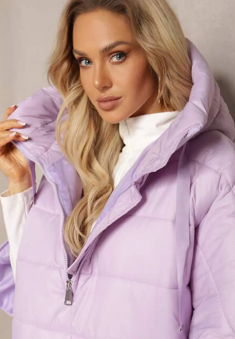 Fioletowa Pikowana Kurtka z Rękawem 3/4 oraz Kapturem Wkładana przez Głowę Arisoltta