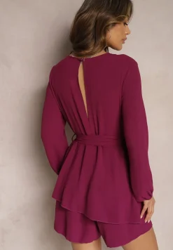 Fioletowa Rozkloszowana Sukienka Kombinezon z Kopertowym Dekoltem i Falbanką Vomitta