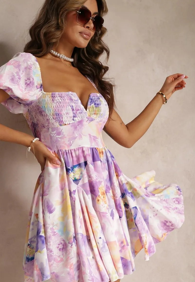 Fioletowa Rozkloszowana Sukienka Mini z Krótkimi Rękawami i Cienkimi Gumkami Evelilles