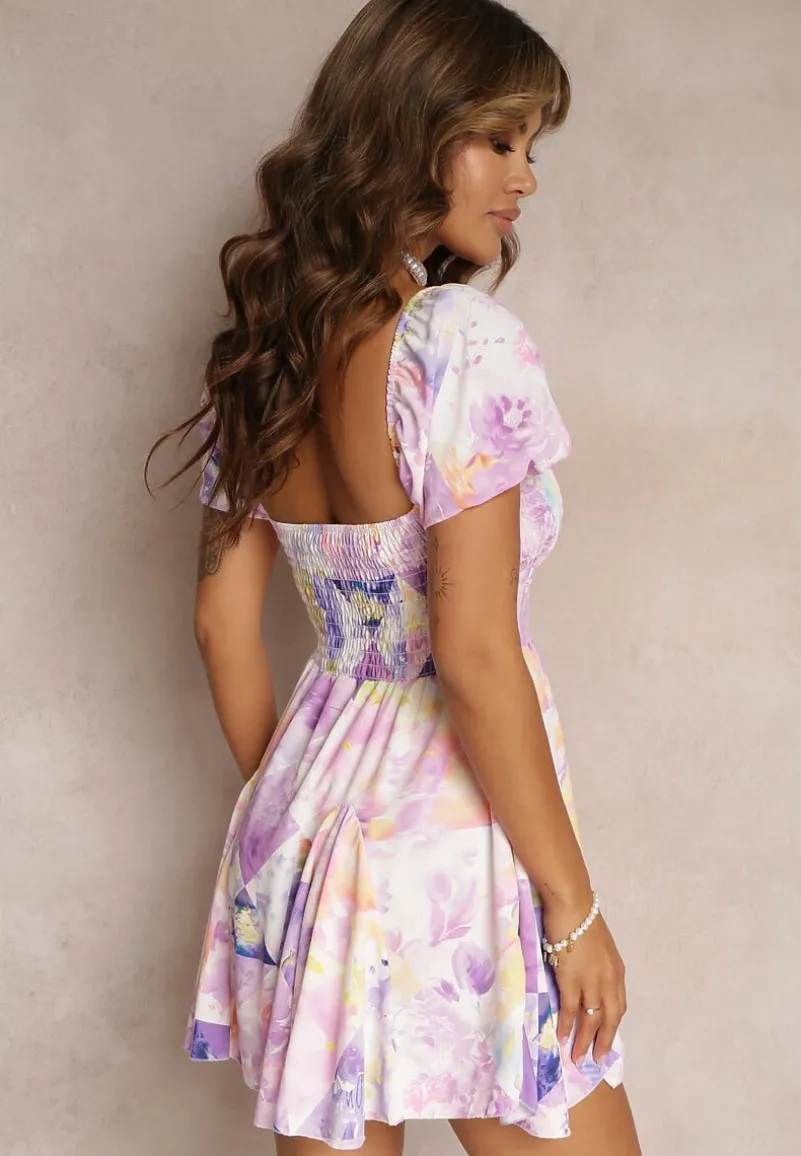 Fioletowa Rozkloszowana Sukienka Mini z Krótkimi Rękawami i Cienkimi Gumkami Evelilles