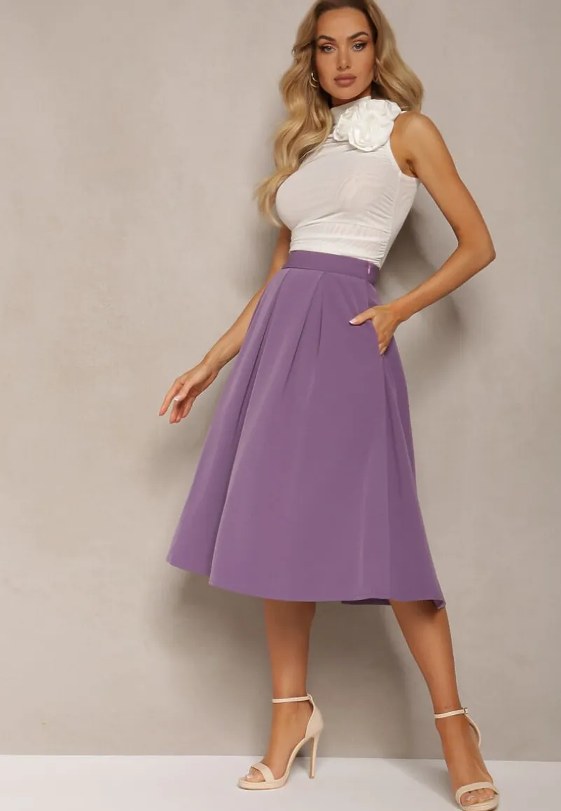 Fioletowa Spódnica Midi z Szerokim Plisowaniem i Rozkloszowanym Dołem Helenesa