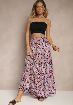 Fioletowa Spódnica Rozkloszowana High Waist z Motywem Paisley Nevolissa