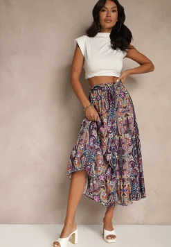 Fioletowa Spódnica z Wiskozy Ozdobiona Motywem Paisley Ellivae