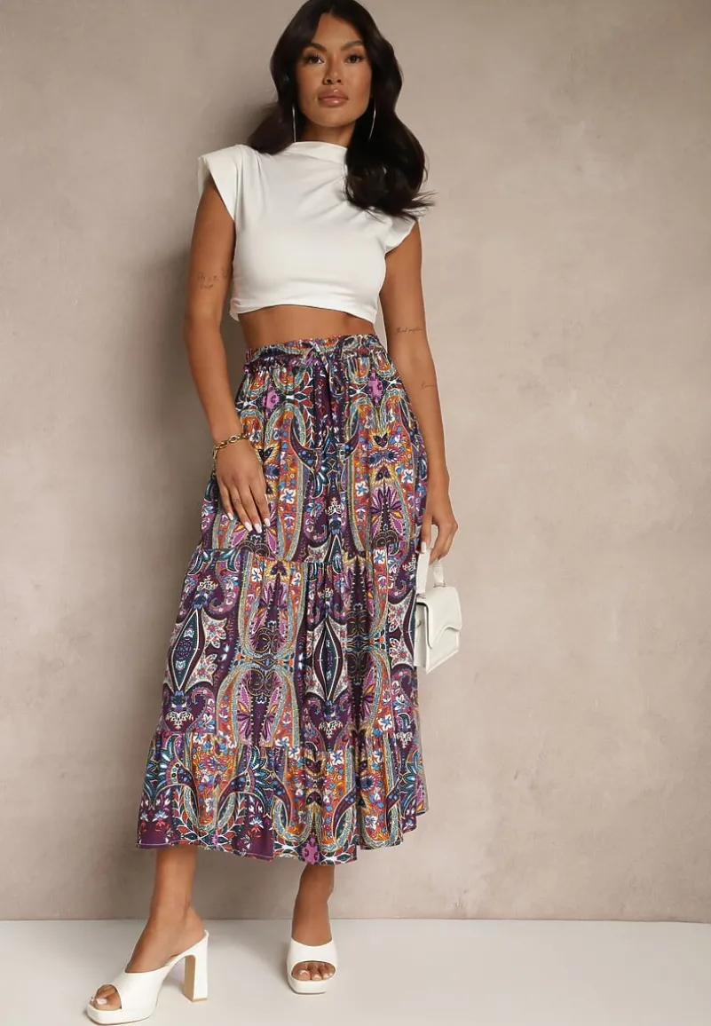 Fioletowa Spódnica z Wiskozy Ozdobiona Motywem Paisley Ellivae